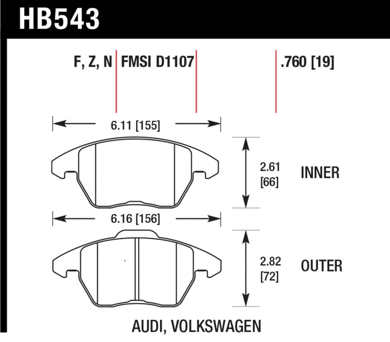 Hawk Audi A3/TT / VW EOS / Golf / Jetta / Passat / Rabbit DTC-60 Front Race Brake Pads Brake Pads - Racing Hawk Performance   