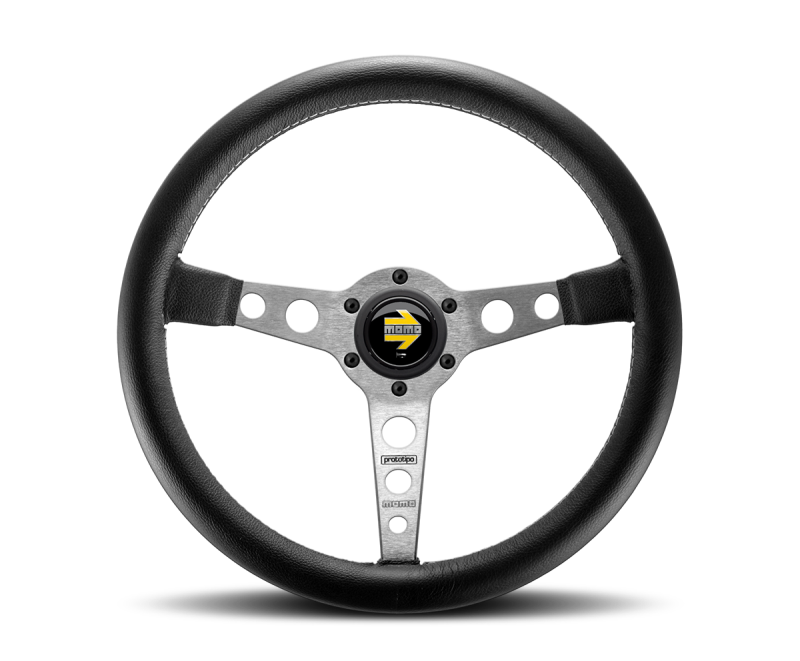 Momo Prototipo Steering Wheel 350 mm - Black Leather/Wht Stitch/Brshd Spokes Steering Wheels MOMO   