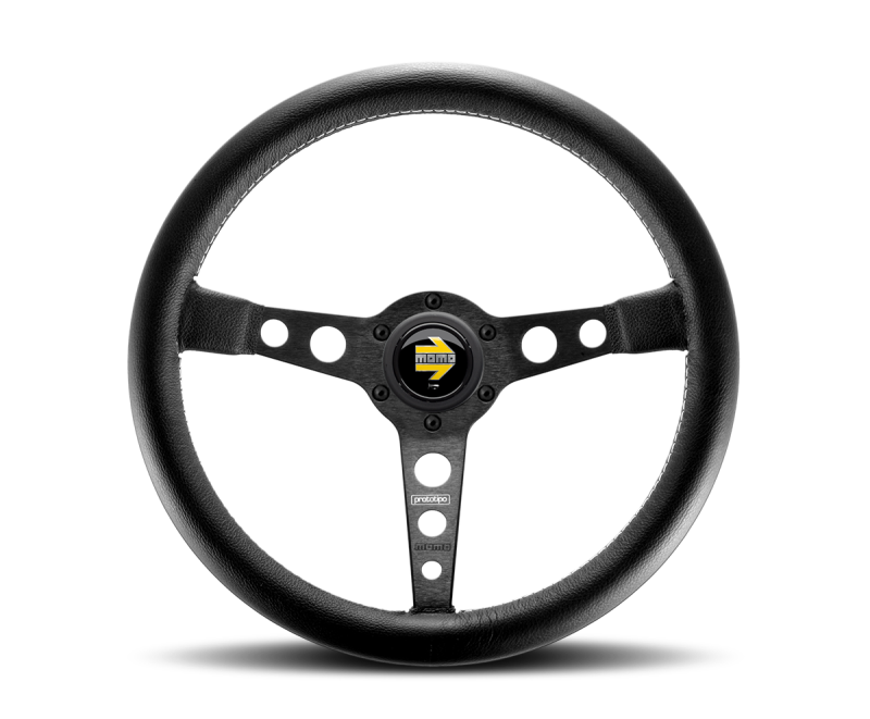 Momo Prototipo Steering Wheel 350 mm - Black Leather/Wht Stitch/Black Spokes Steering Wheels MOMO   